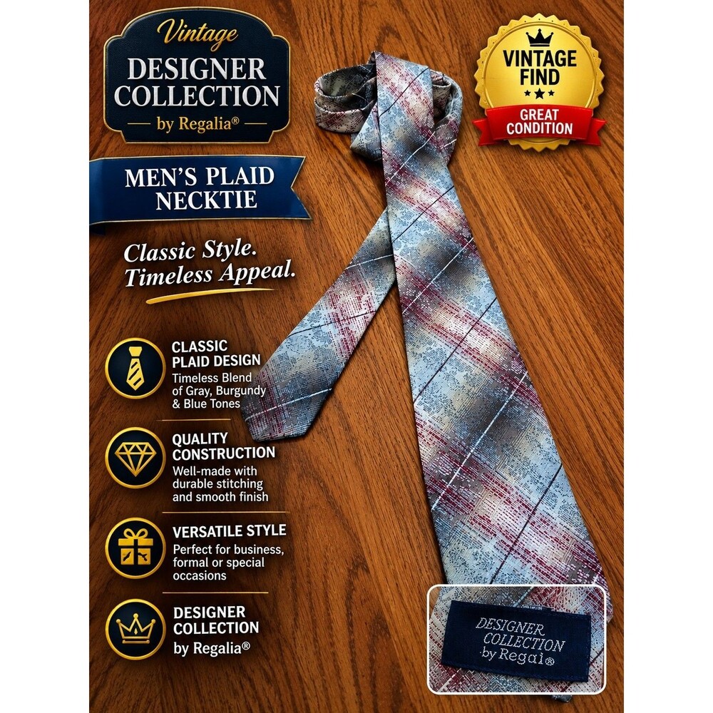 Vintage Designer Collection by Regalia Men's Plaid Necktie Gray Burgundy Blue